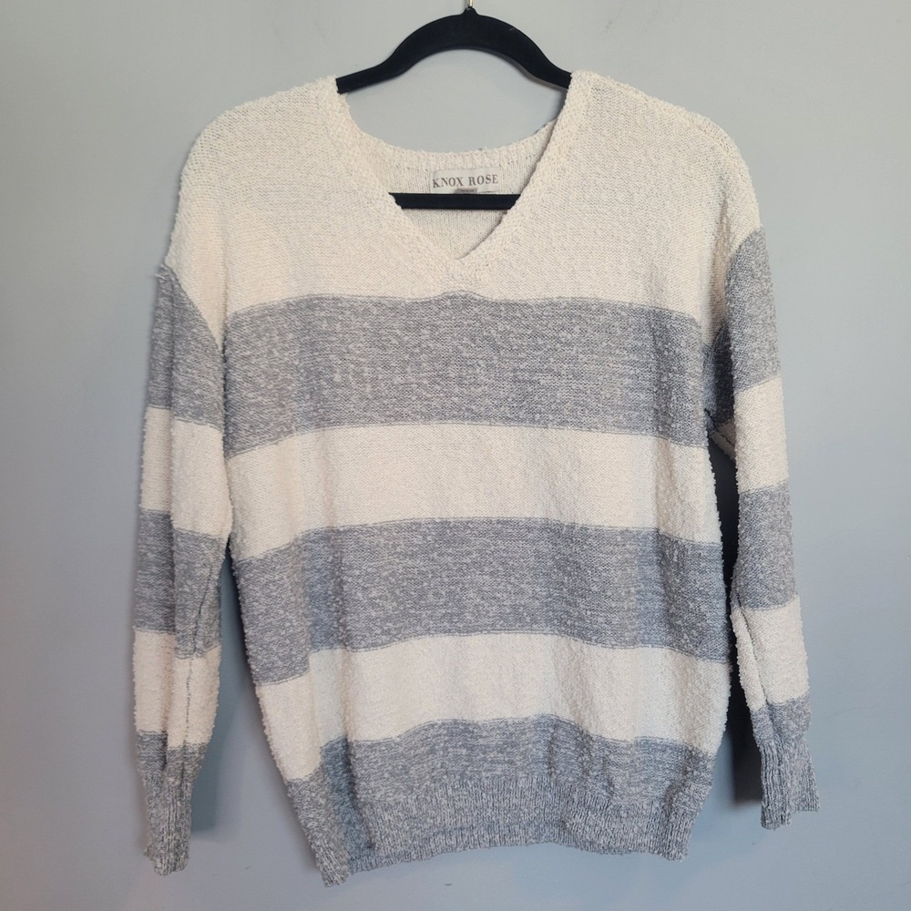 Knox Rose Womens XS Blue Cream Striped Boucle Knit V-Neck Sweater Pullover